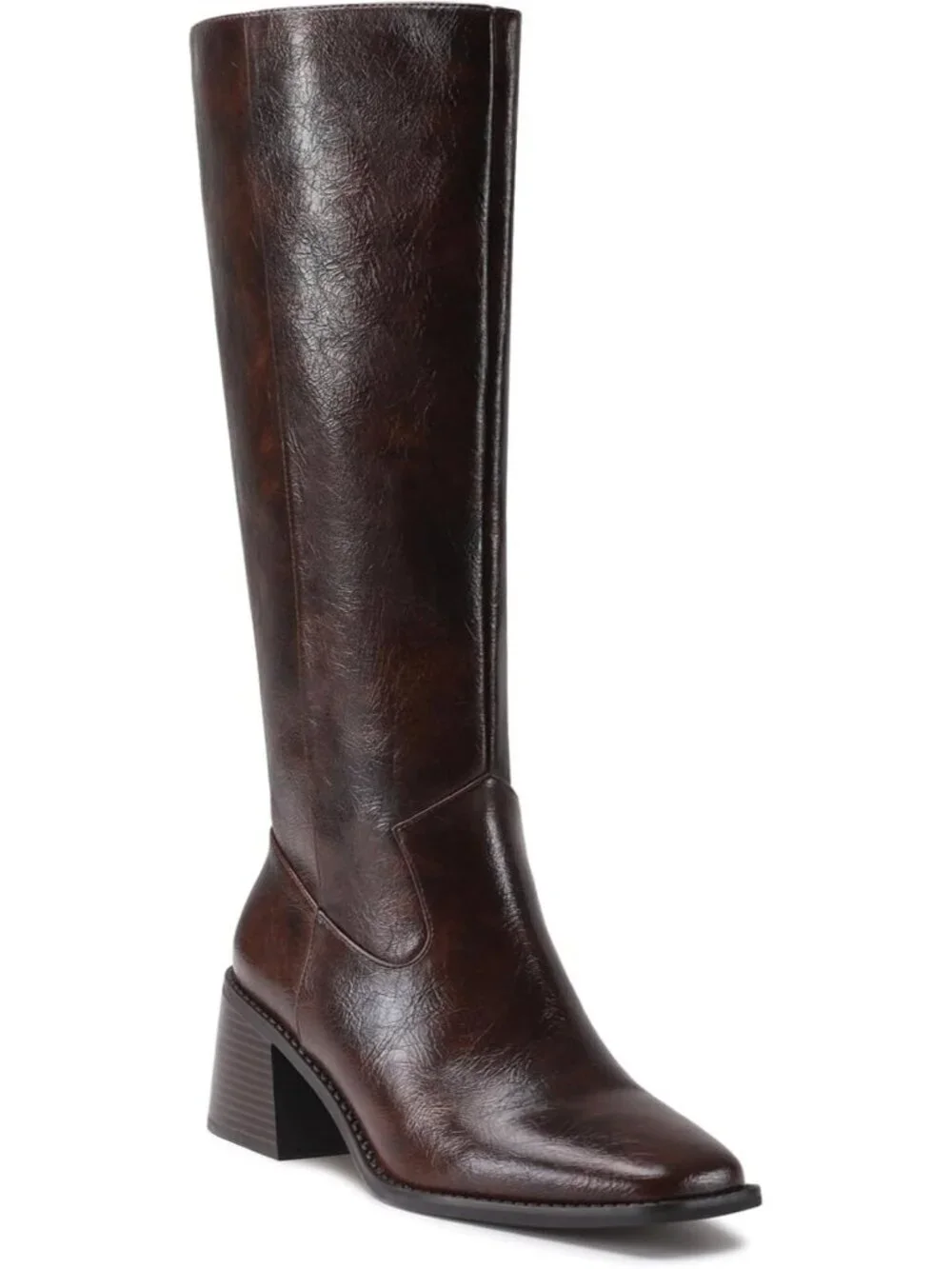 Women's Brown Knee High Boot Squared Toe Chunky Block Heel Comfortable Tall Boot